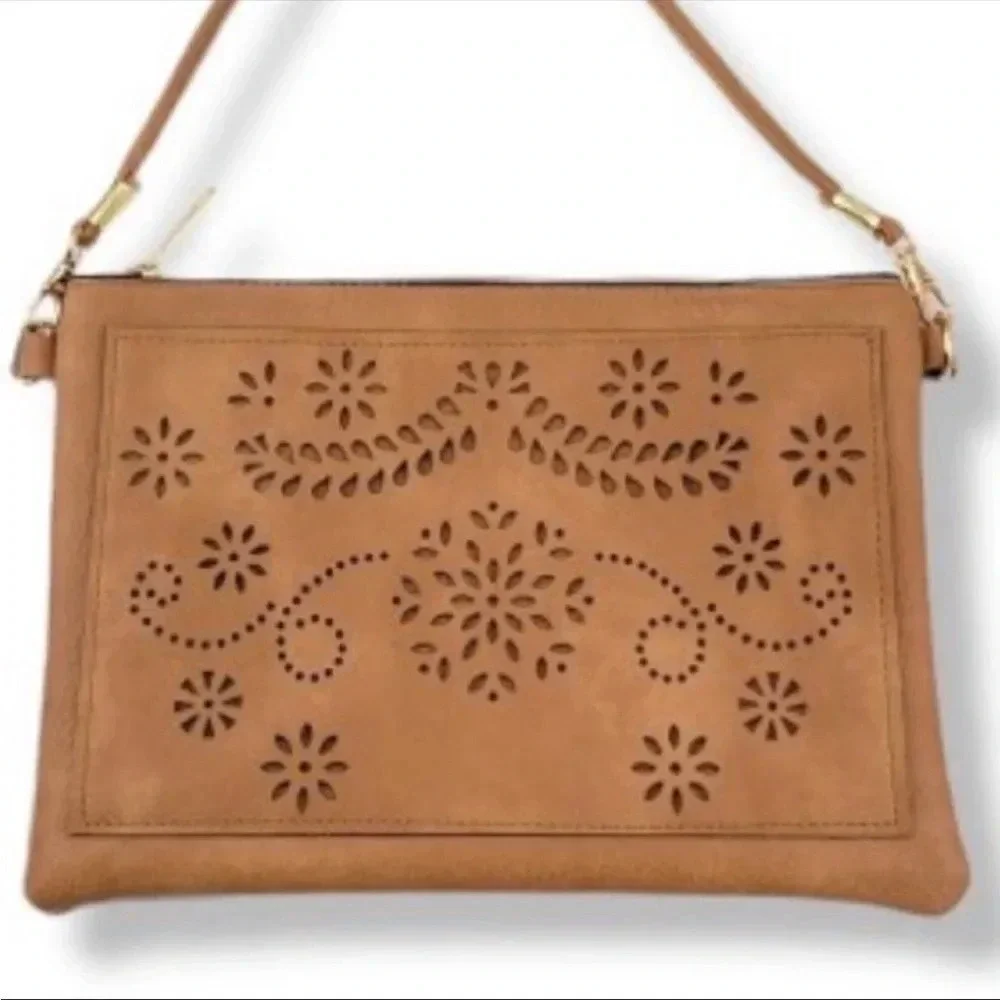 Boho Laser Cut Crossbody Bag | Vegan Leather Floral Shoulder Purse